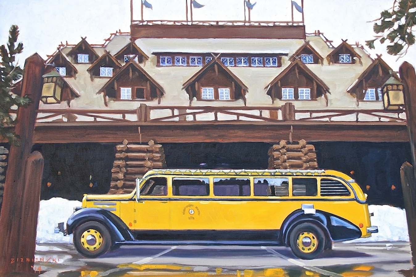 Image of Yellowstone Bus at Old Faithful Inn by Dennis Ziemienski